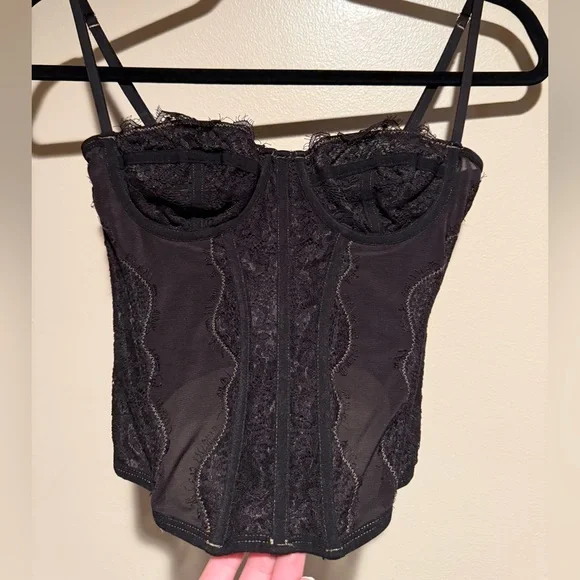 Urban Outfitters Out From Under Modern Love Corset Top Black Tan Lace Trim - Picture 8 of 10